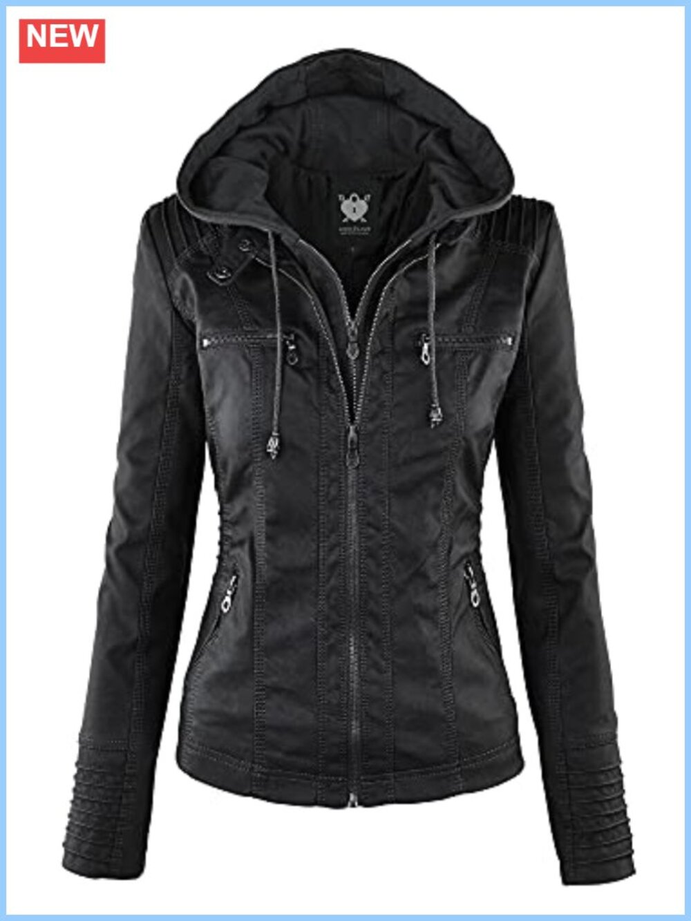 Faux Leather Moto Biker Jacket with Removable Hood
